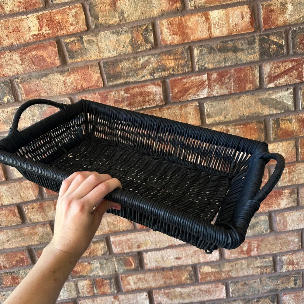 Black Woven Wicker Rectangular Serving Tray Basket with Handles Boho Decor